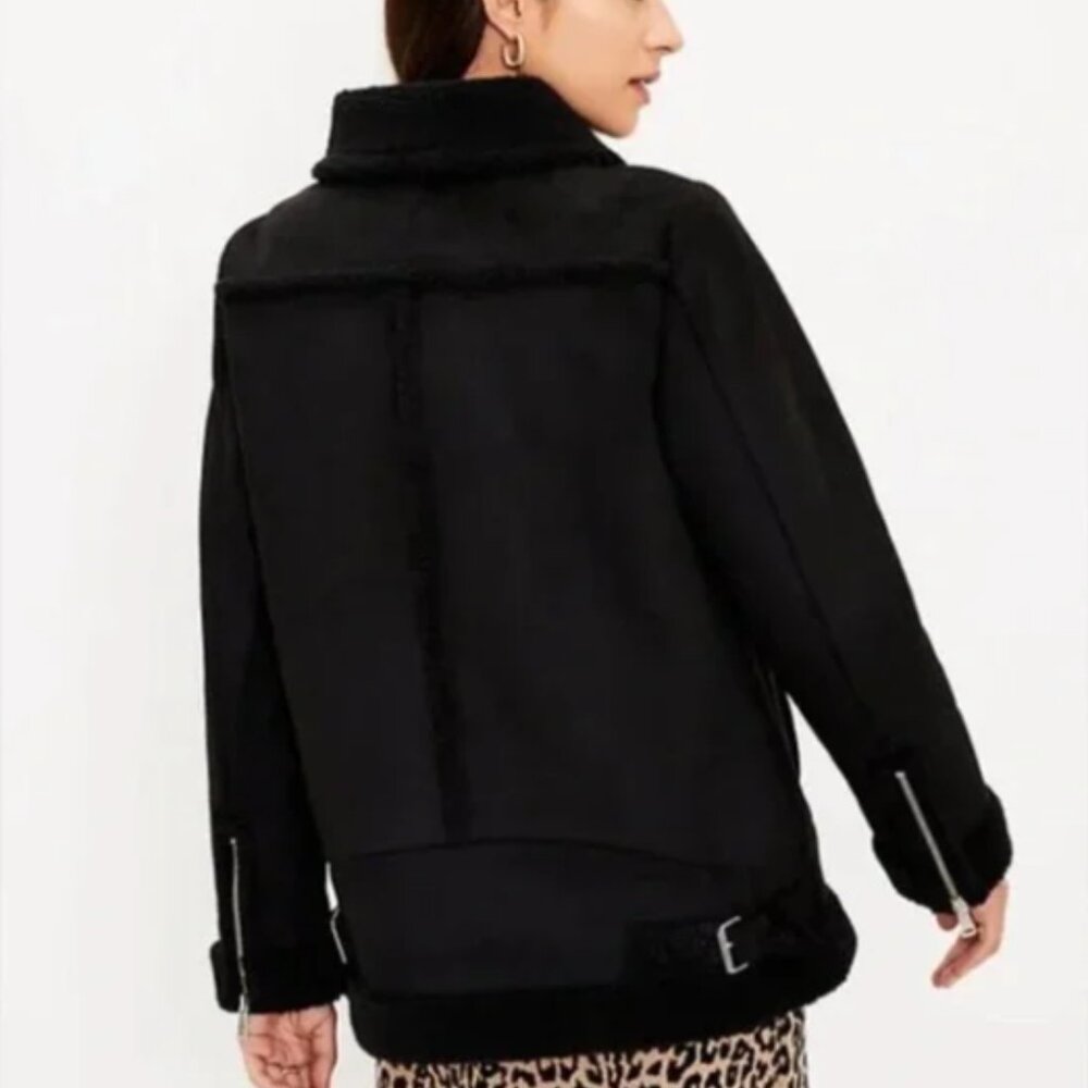 AnneTaylor LOFT Suede Sherpa Aviator Jacket, Black - Picture 3 of 4